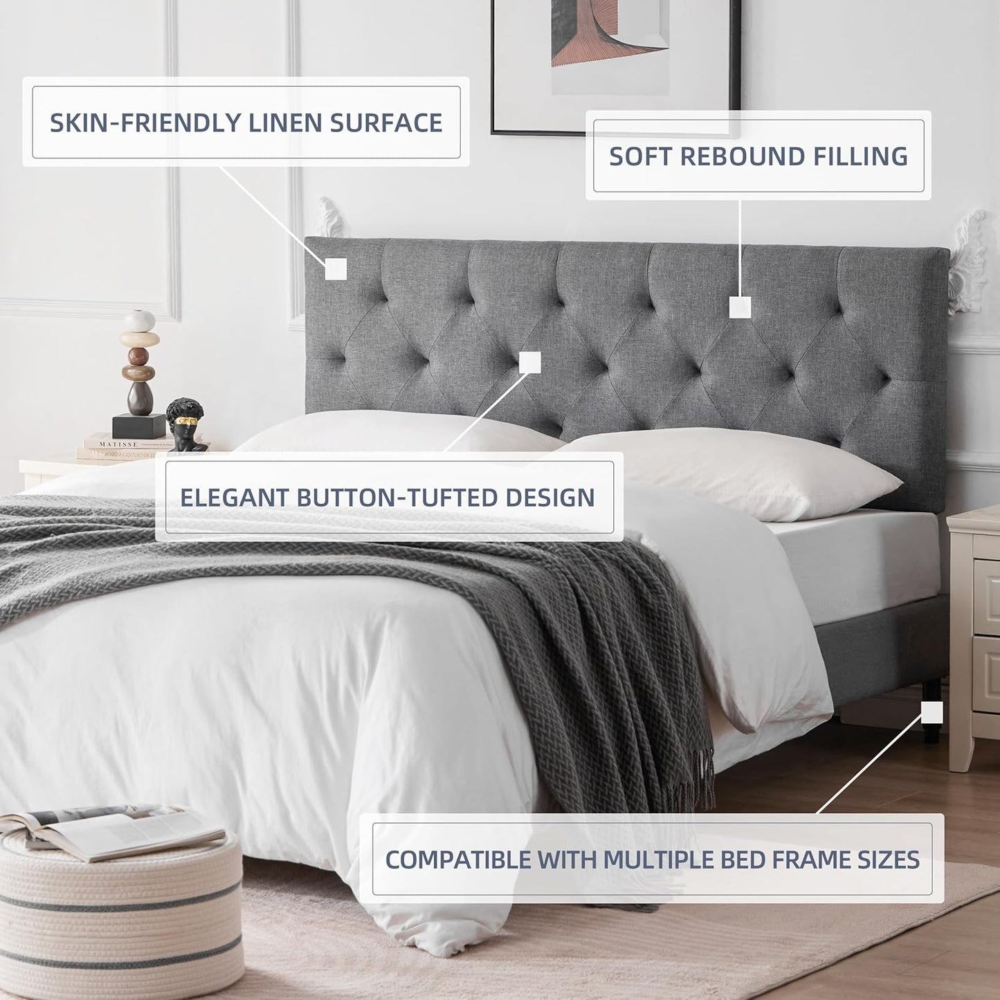 Linen Upholstered Headboard Queen Size, Modern Diamond Tufting Solid Wood Queen Headboard Only, Adjustable Height from 37” to 51” Head Board, Bed Frame or Wall Mount Headboards, Light Grey
