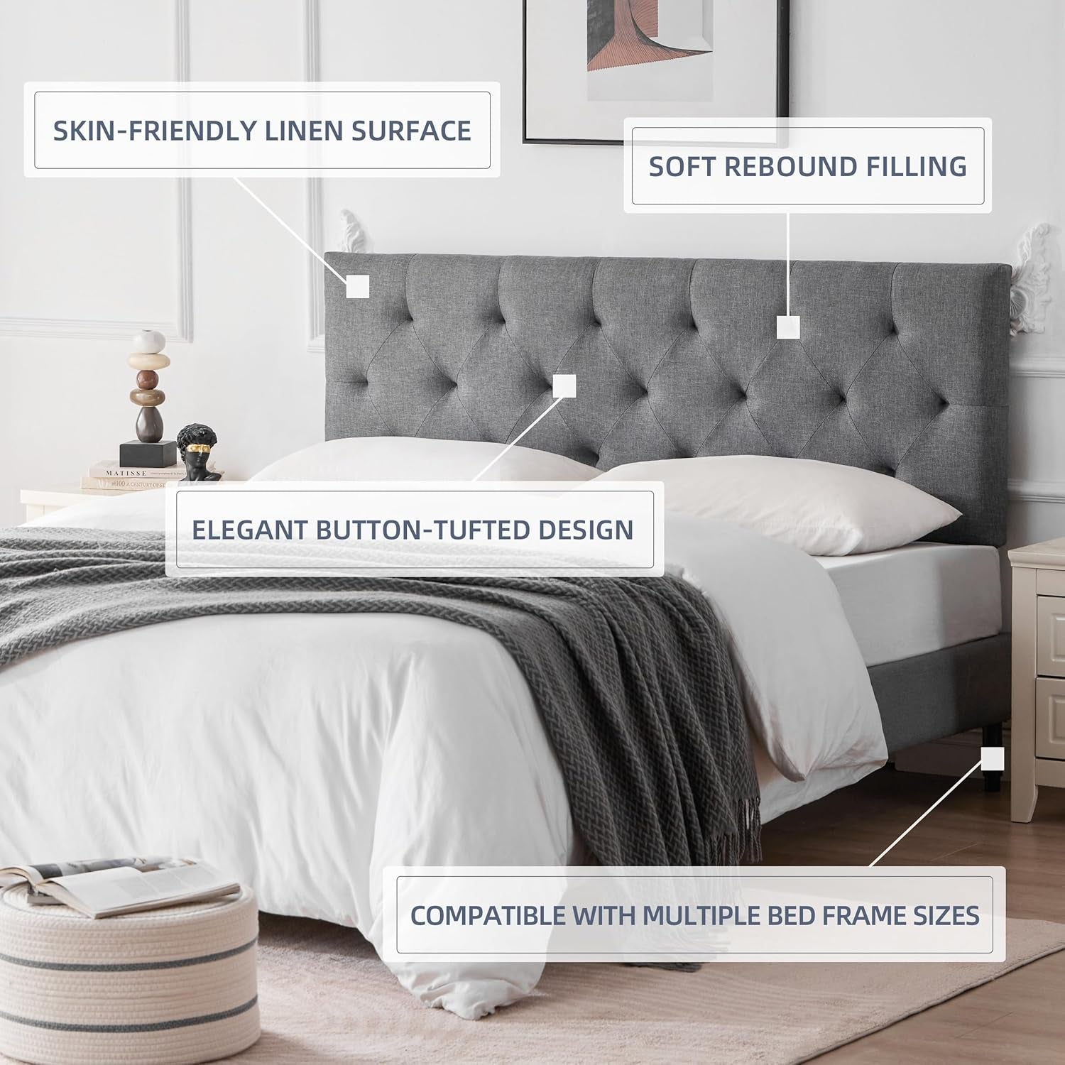 Linen Upholstered Headboard Queen Size, Modern Diamond Tufting Solid Wood Queen Headboard Only, Adjustable Height from 37” to 51” Head Board, Bed Frame or Wall Mount Headboards, Light Grey