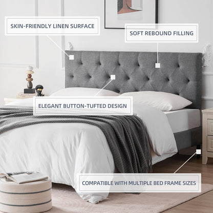 Linen Upholstered Headboard Queen Size, Modern Diamond Tufting Solid Wood Queen Headboard Only, Adjustable Height from 37” to 51” Head Board, Bed Frame or Wall Mount Headboards, Light Grey