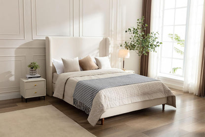 Tall Headboard Upholstered Bed,Queen Size Platform Bed Frame with Headboard Wingback,54" High No Box Spring Needed Easy Assembly Elegant Simplicity Ivory Boucle