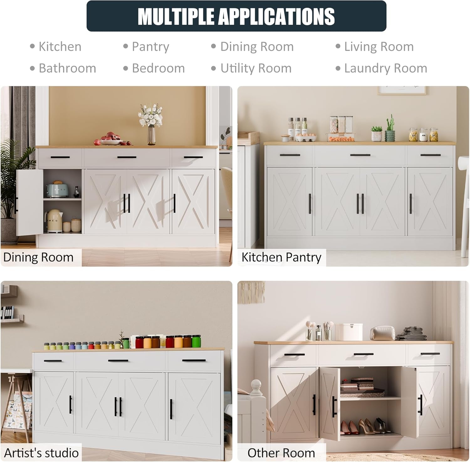 Buffet Cabinet with Storage, Farmhouse Storage Cabinet with 4 Doors and 3 Drawers, Wood Buffet Table with Adjustable Shelf for Living Room, White