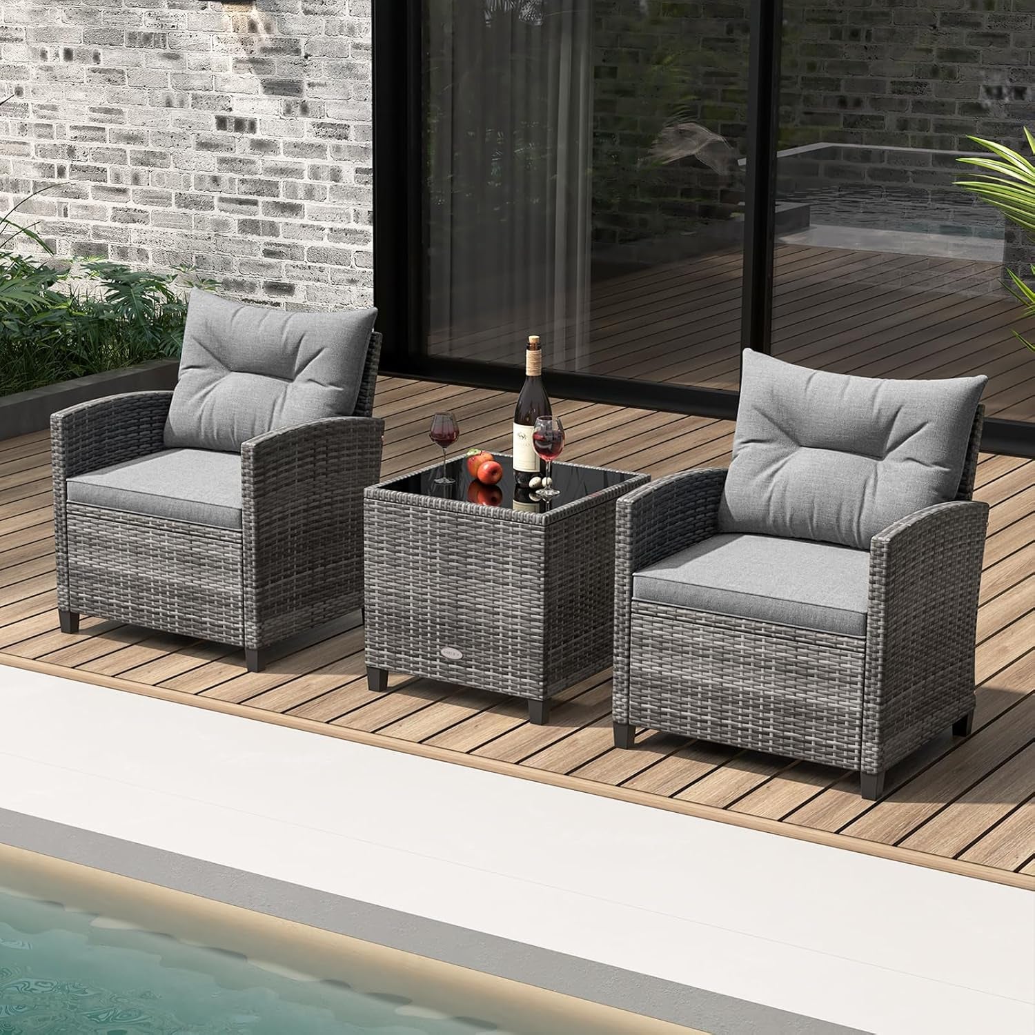 3 Piece Patio Furniture Set, Outdoor PE Rattan Conversation Set with Washable Cushions & Tempered Glass Tabletop, Wicker Chairs and Table Set for Porch, Garden, Balcony (Grey)