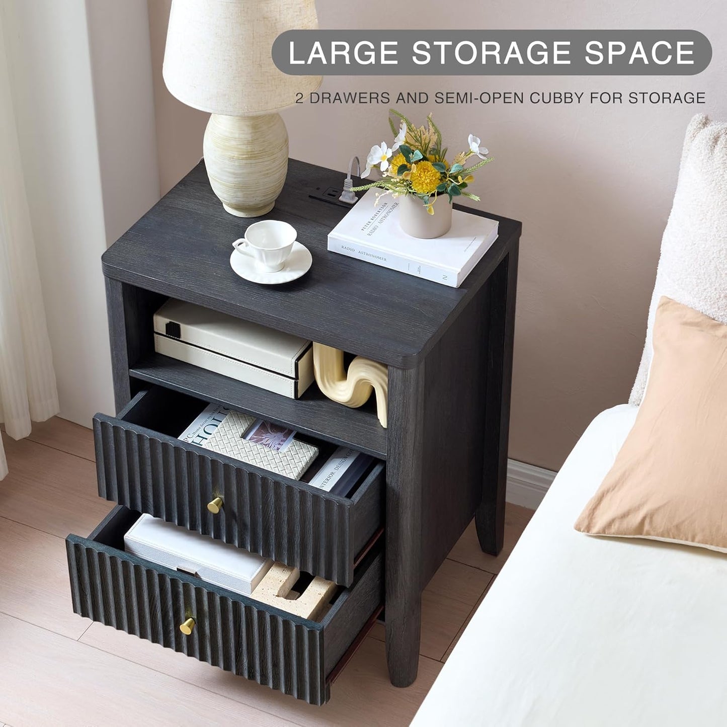 Fluted Nightstand with Charging Station Set of 2, 21" Wide Modern Bedside Table with 2 Drawers & Open Shelf, Wood End Table with Storage & Metal Handle for Bedroom, Small Spaces, Black