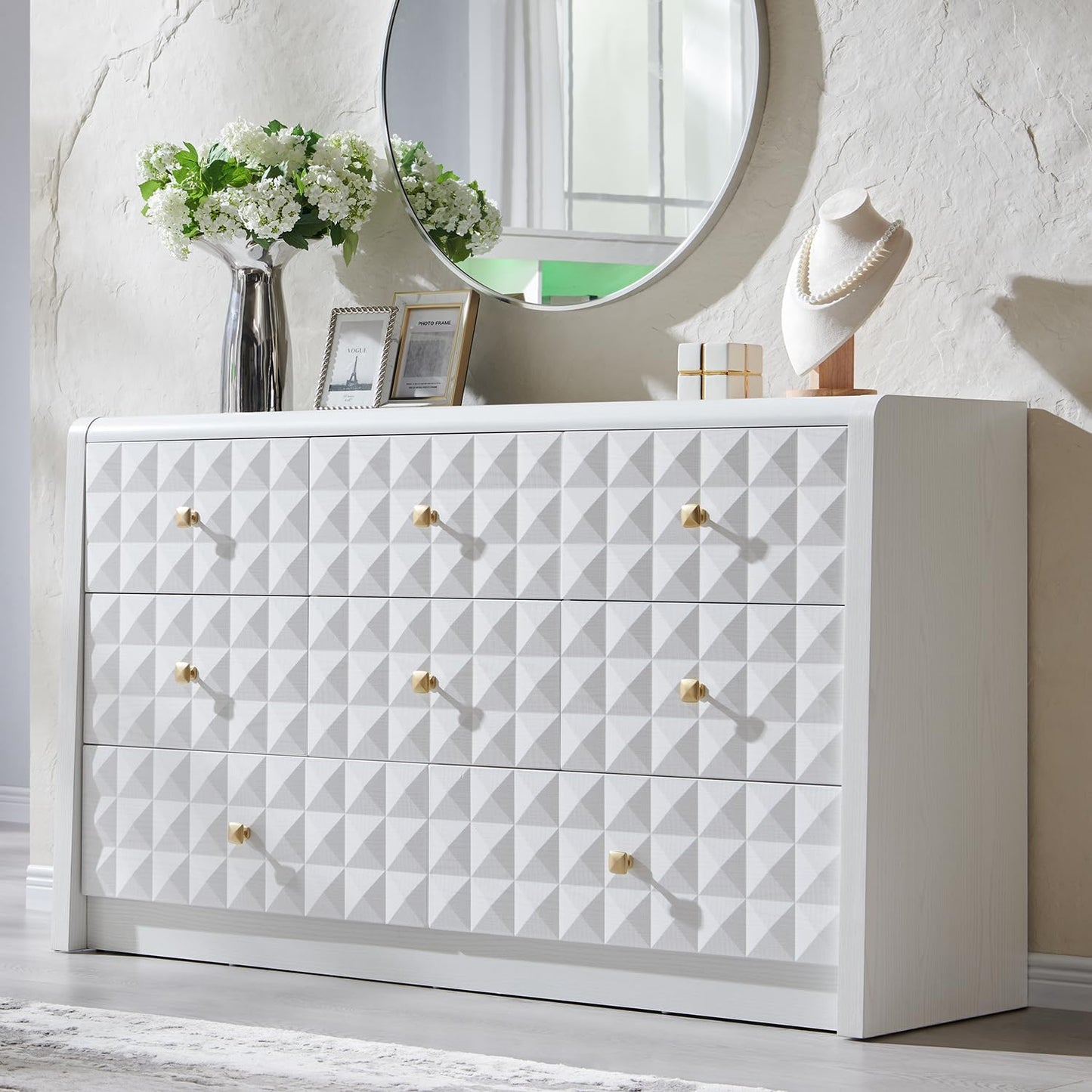 Modern 8 Drawer Dresser for Bedroom, Wooden Large Dressers &Chests of Drawers W/Two Different Drawer Sizes, Mid Century Modern Dresser W/Diamond Panel Decorate for Bedroom, Curved Profile Design,White