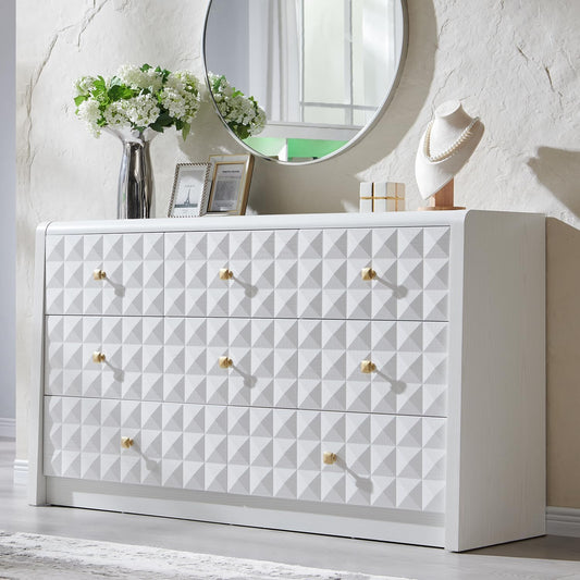 Modern 8 Drawer Dresser for Bedroom, Wooden Large Dressers &Chests of Drawers W/Two Different Drawer Sizes, Mid Century Modern Dresser W/Diamond Panel Decorate for Bedroom, Curved Profile Design,White