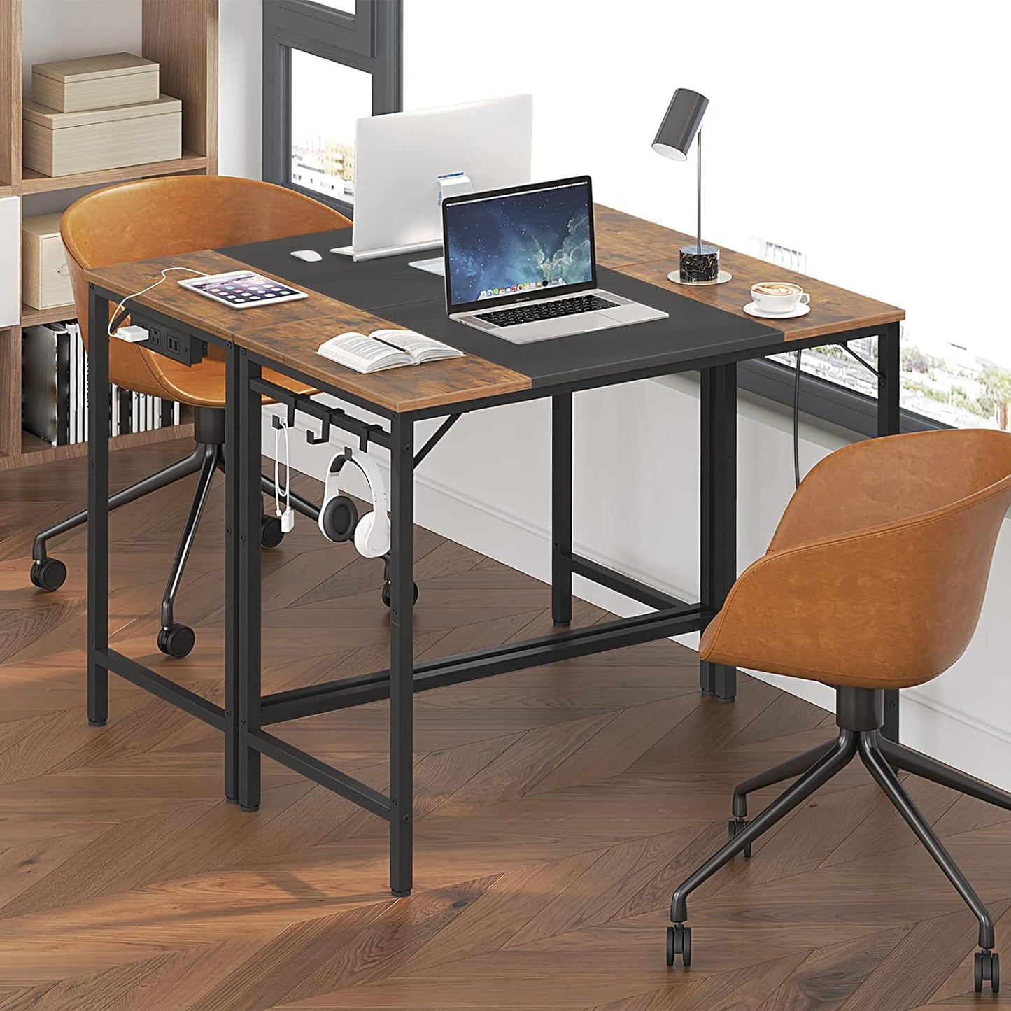 Computer Desk, Home Office Desk with Power Outlet, Modern Study Writing Desk with 3 Hooks for Study Room, Home Office, Sturdy and Stable, Easy to Assemble, Rustic Brown and Black BF40UDN01