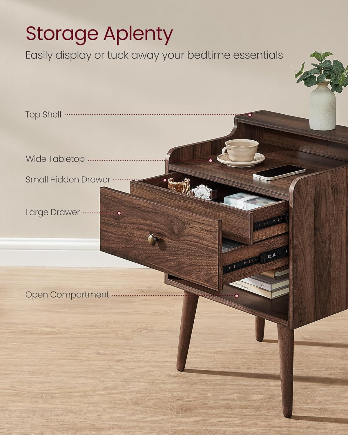 Nightstands, Set of 2, Bedside Tables with Hidden Drawers, Mid-Century End Side Tables with Solid Wood Legs, for Bedroom, Natural Walnut ULET624K01