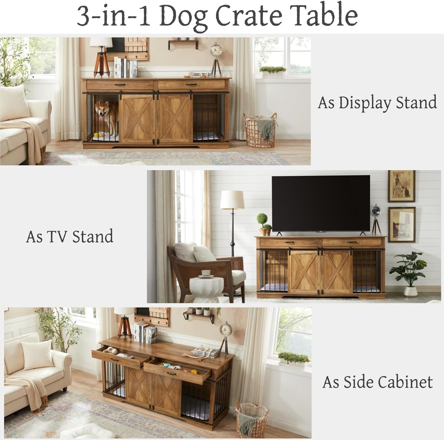 37.8" Dog Crate Furniture - Indoor Wooden Dog Kennel Furniture with Sliding Barn Door and Storage Drawer, White