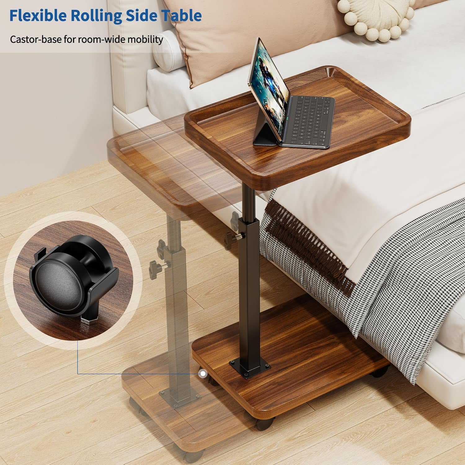 C Table End Table Adjustable Height, 360°Swivel TV Tray Table for Small Spaces, Side Tables with Wheels for Living Room and Bedroom, Bed (Walnut) | Adjustable Height, 360°Swivel, for Small Spaces, Couch Tables, That Slide Under, with Wheels