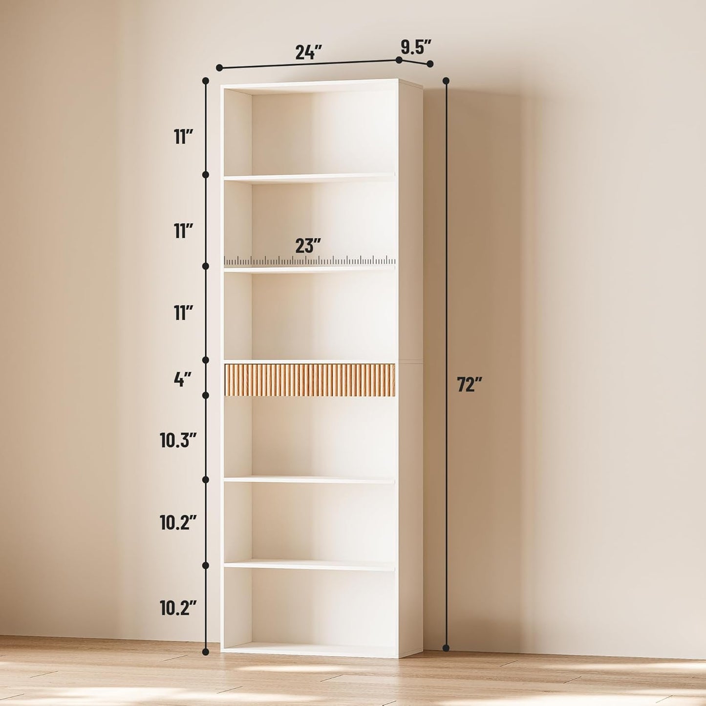 72" Tall Bookshelf with Storage, 7-Tier Bookcase Fluted with Drawer, Display Book Shelf Book Organizer with Anti-Tip Device, Home Decor Wood Furniture for Bedroom, Living Room and Office, White
