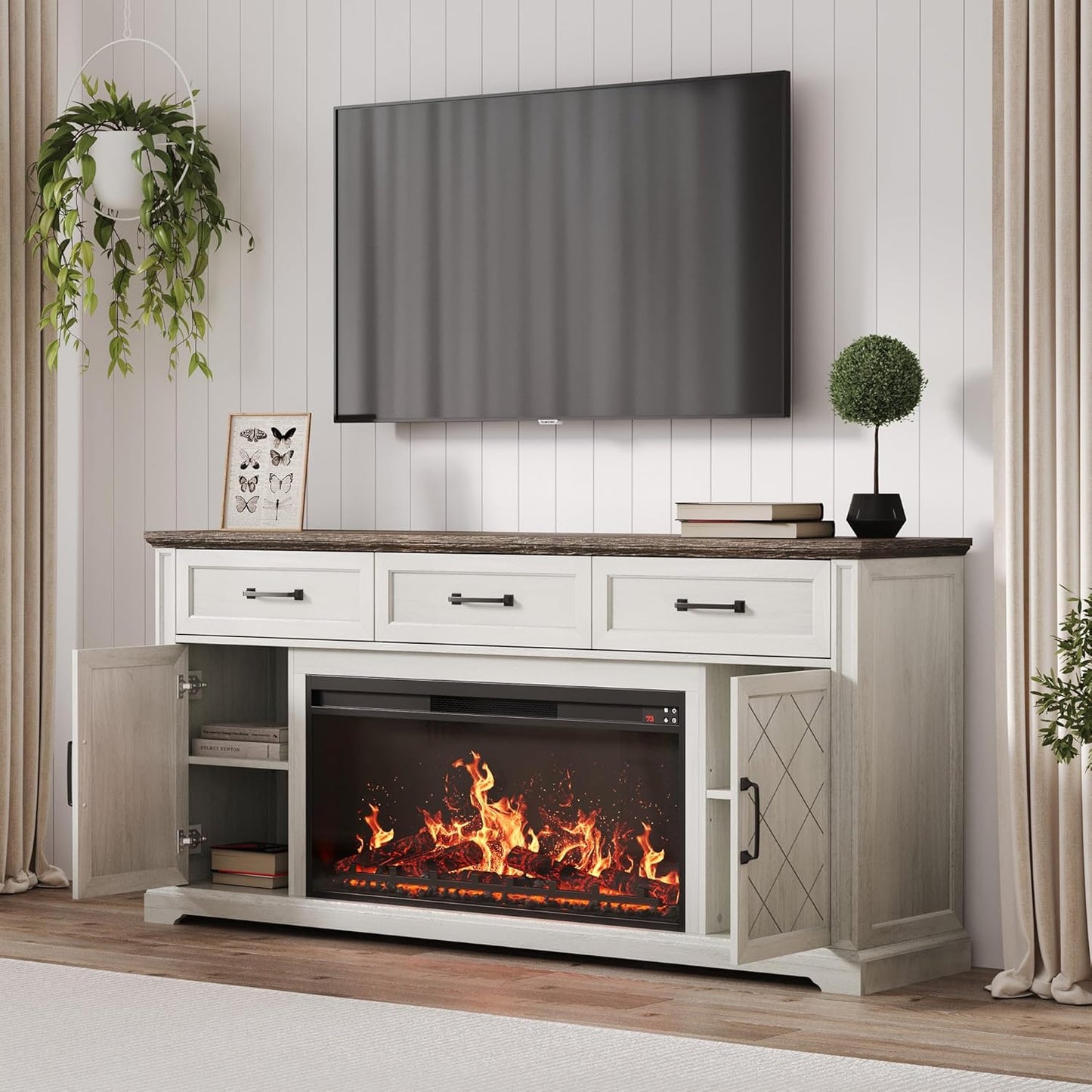 68" Farmhouse TV Stand with Electric Fireplace & Crackling Sound, Media Console with Storage Cabinets & 3 Drawers for Tvs up to 75", Rustic Entertainment Center for Living Room(White)