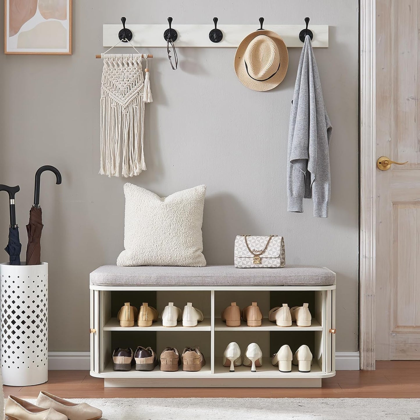 Hall Tree with Bench and Shoe Storage, Entryway Bench with Sliding Door Cabinet, Removable Padded, Metal Wall Hooks, Adjustable Storage Compartments, for Entry, Hallway, Living Room, Beige