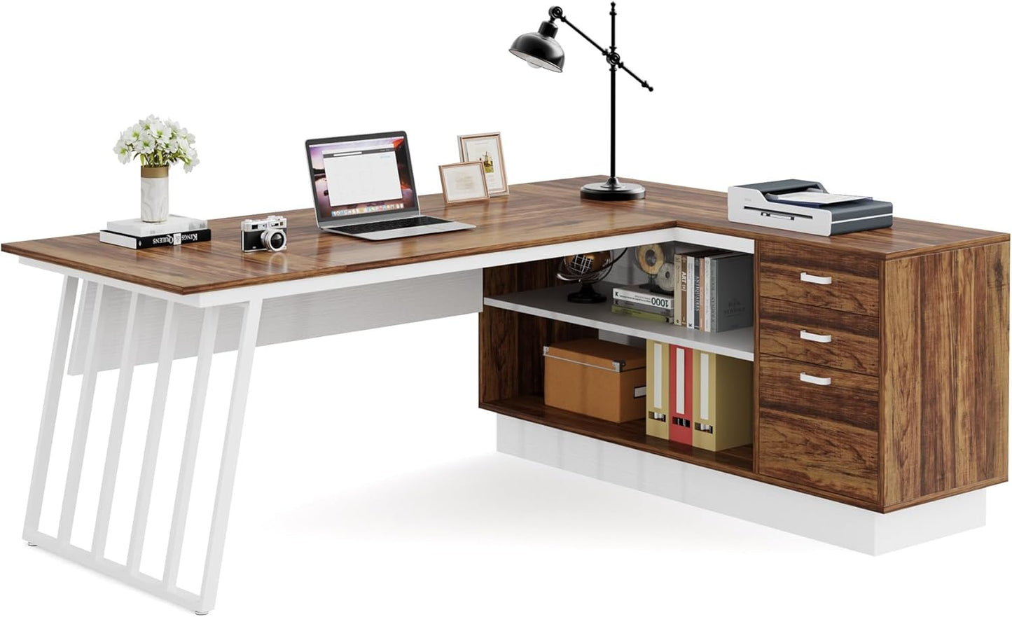 71-Inch Executive Desk, L-Shaped Desk with Cabinet, Large Office Desk with Drawers and Storage Shelves, Writing Table Computer Desk for Home Office, Brown and White