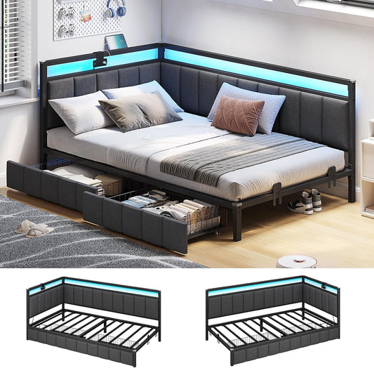 Corner Bed Frame with Storage Drawers, Twin Daybed with Line Fabric Upholstered Fence, Kids Bed Unit with LED Light and Charging Station, Modern Bed Frame