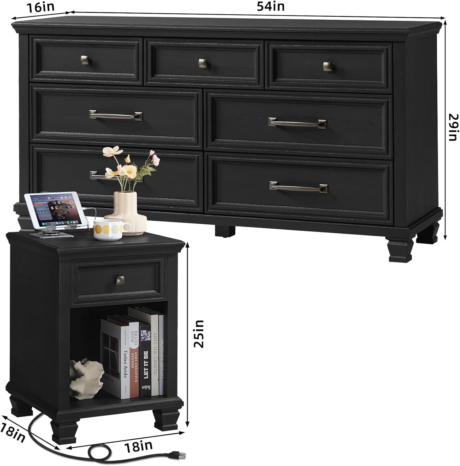 Farmhouse Bedroom Dresser and Nightstand Set, 7 Drawer Dresser & 1 Drawer Nightstand Set, Rustic Wood Bedroom Furniture Set for Home, Hallway, Black