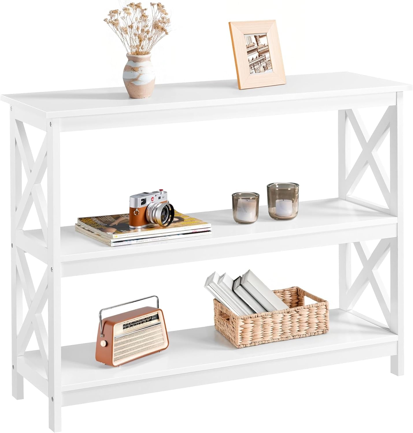Console Table with 3 Storage Shelves, Entryway Table Sofa Side Table Narrow Long Bookshelf for Hallway Living Room, Accent Furniture, White | Bookshelf, for Hallway, for Living Room, Accent Furniture