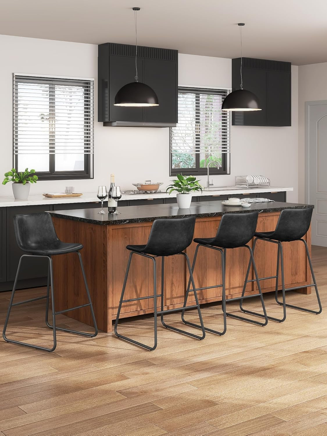 Bar Stools Set of 3, 26 Inches Counter Height Bar Stools with Back, Modern Faux Leather Barstools with Metal Legs and Footrest, Bar Chairs for Kitchens Island (Black)