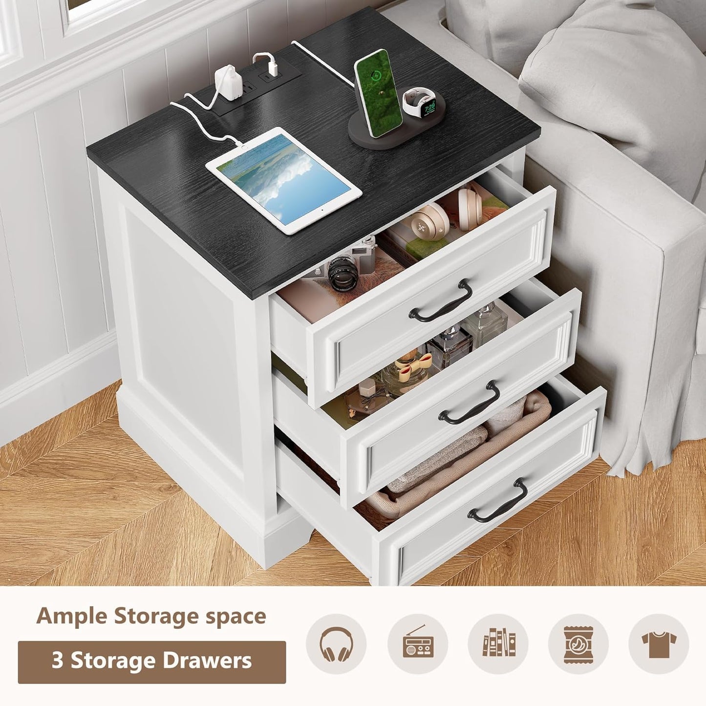 21.7W Farmhouse Nightstand Set of 2 with Charging Station,White End Table with 3 Drawers Storage,Wood Night Stand Side Table,Modern Bedside Cabinet for Bedroom Living Room,Dresser for Small Place (2)