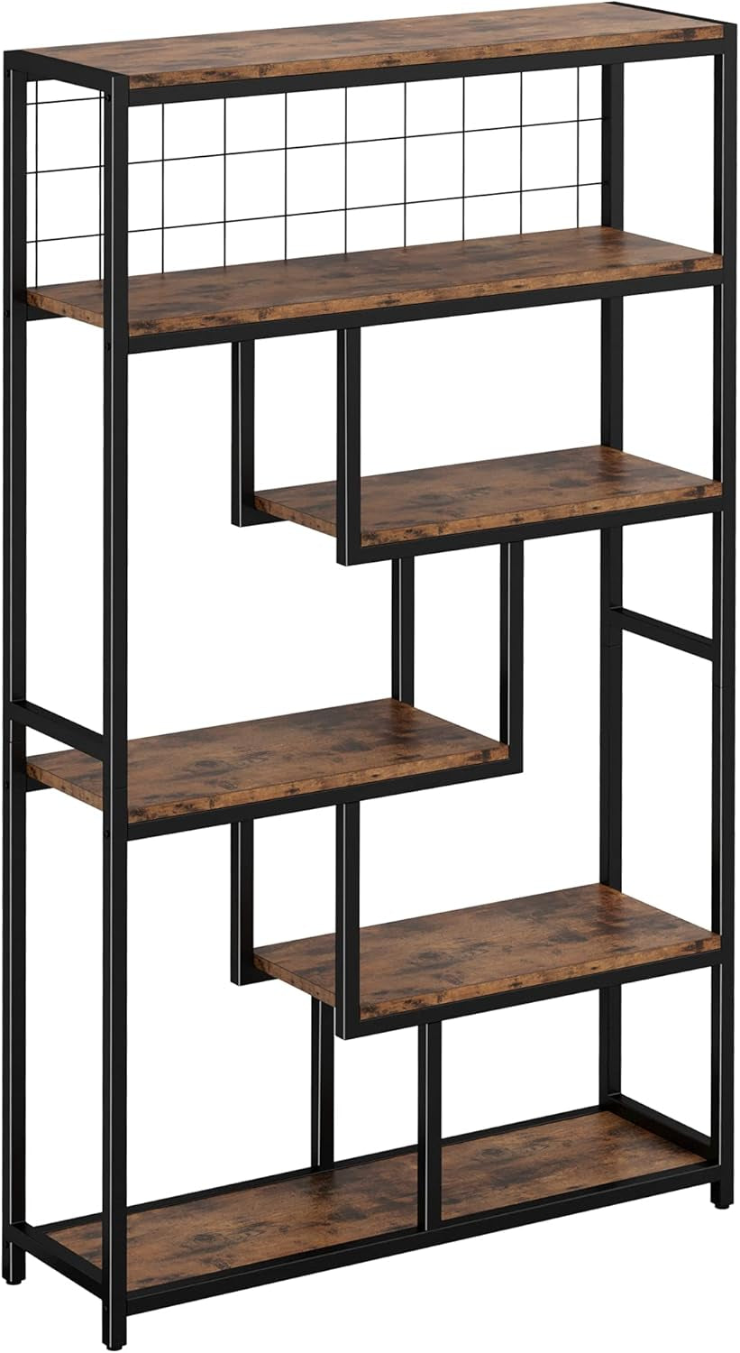 Bookshelves 6 Tiers, Industrial Etagere Heavy Duty Shelves for Living Rooom, Office Storage Geomeric Display Boocase, Vintage Brown