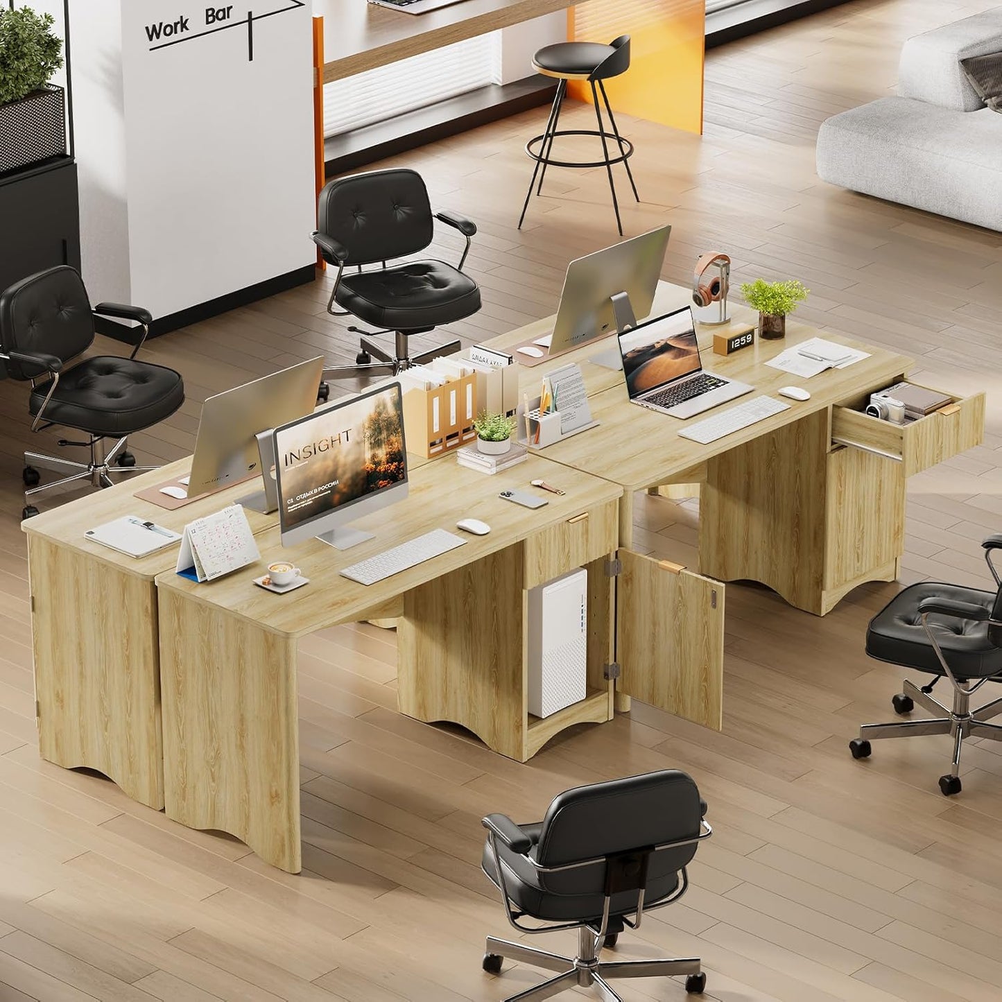 47 Inch Computer Desk with Drawer, Office Desk with File Cabinet, Modern Executive Desk Adjustable Shelves for Home Office Bedroom Study, Natual Oak