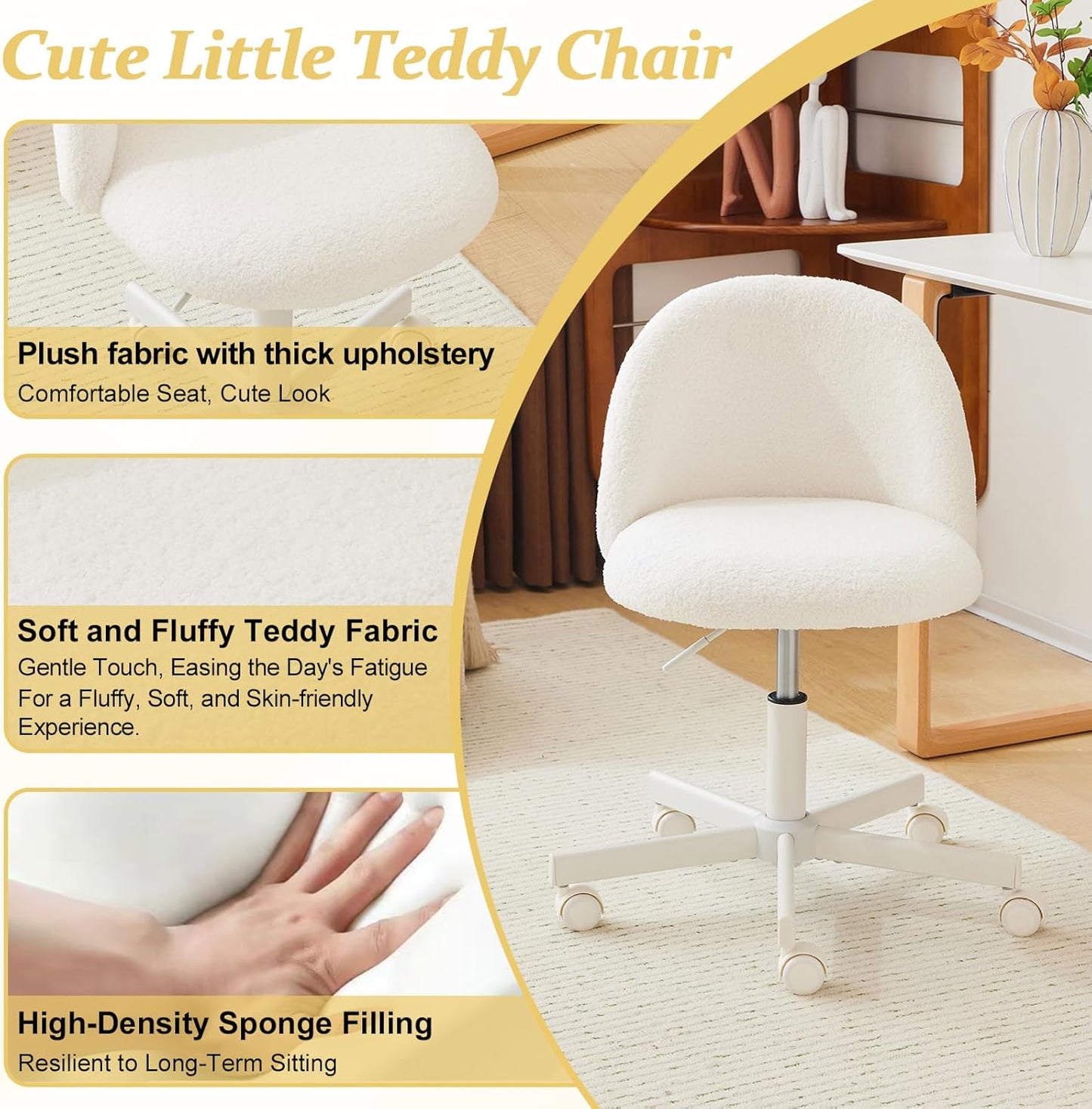 Modern Vanity Chair with Back, Velvet Desk Chair for Girls, Small Office Chair with Silent Wheels， Stylish and Comfortable, White