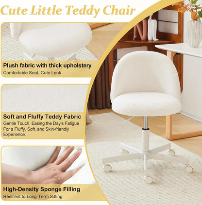 Modern Vanity Chair with Back, Velvet Desk Chair for Girls, Small Office Chair with Silent Wheels， Stylish and Comfortable, White