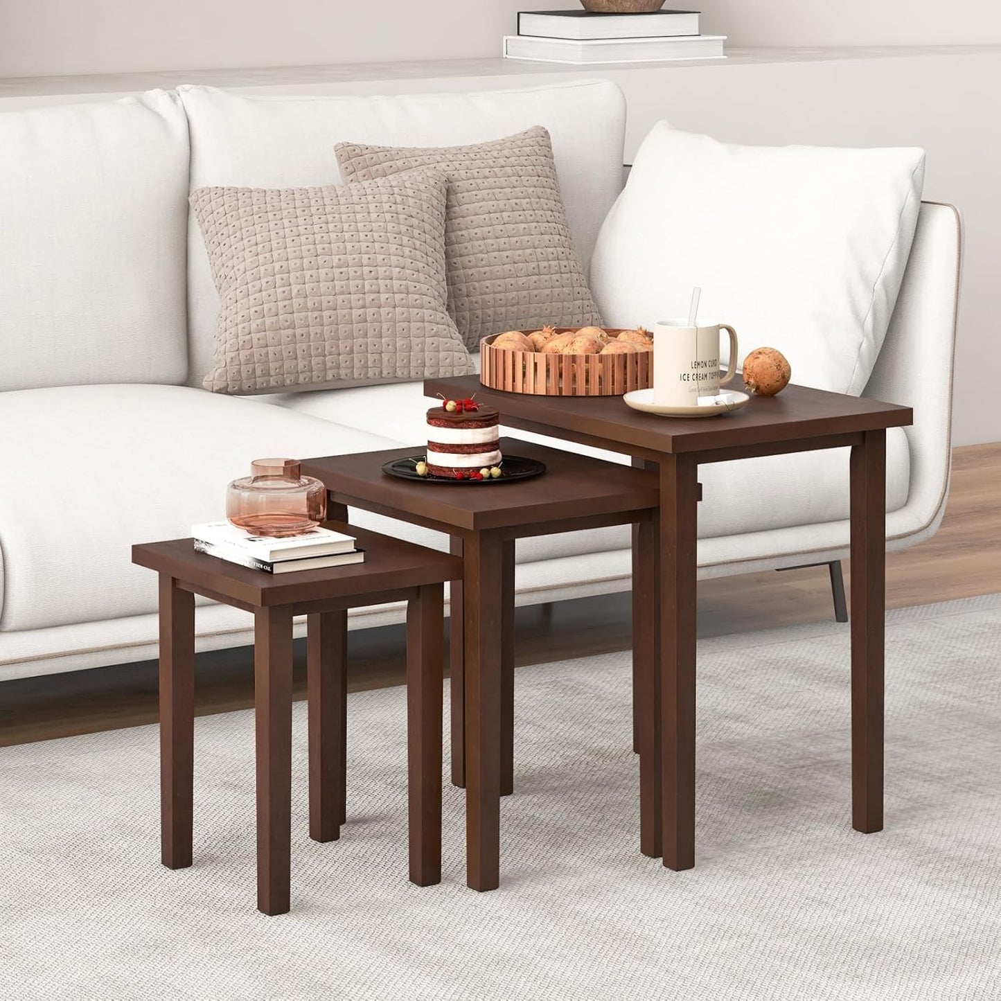 Nesting Tables Set of 3, Farmhouse Stacking Side Table with Rubber Legs, Wooden Rectangle Accent End Table, Nesting Coffee Tables for Living Room Bedroom (Walnut)