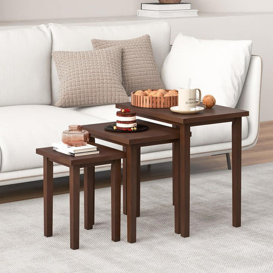 Nesting Tables Set of 3, Farmhouse Stacking Side Table with Rubber Legs, Wooden Rectangle Accent End Table, Nesting Coffee Tables for Living Room Bedroom (Walnut)