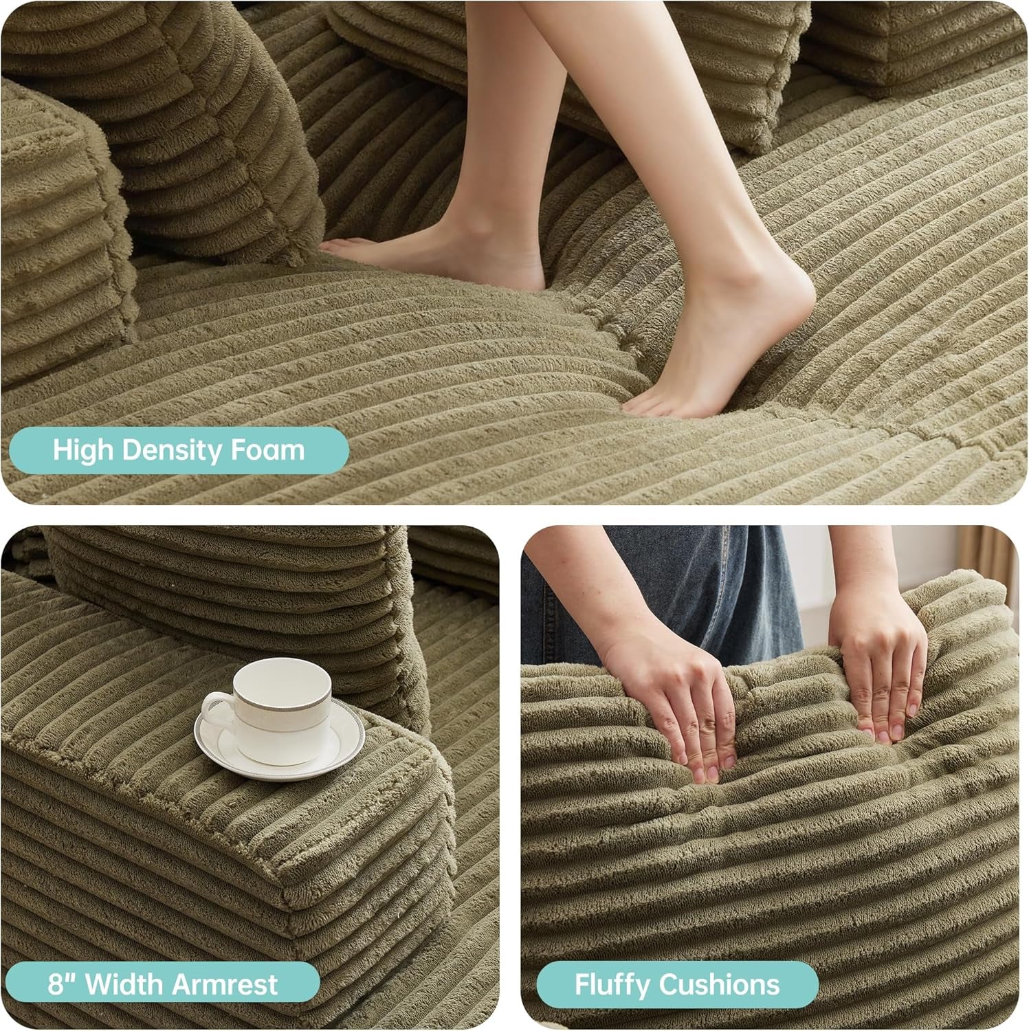 43"W Chaise Lounge Sofa Chair Indoor, Small Boneless Couches for Small Spaces, Fluffy Comfy Cloud Sofa in a Box, Compression Foam Sleeper Sofa for Living Room&Apartment, Plush Corduroy (Green)