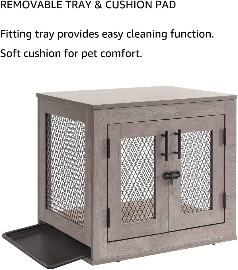 25.5 Inch Dog Crate Furniture, Wooden Dog Kennel for Small Breed, Indoor Wood Dog Cage, inside Side End Table Crate with Tray and Dog Bed for Puppy, Cats, Min Pigs, Rabbit, up to 25 Lbs