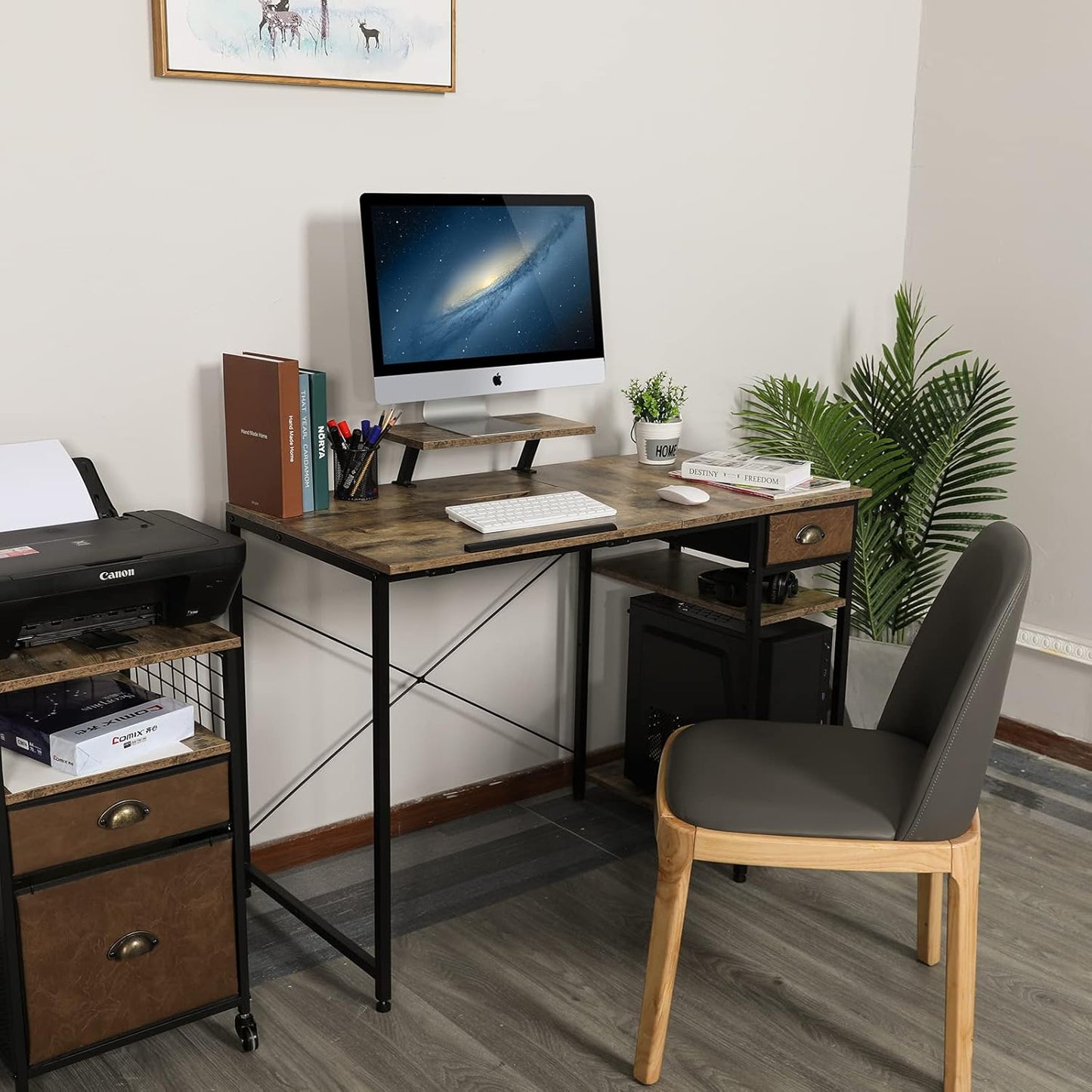 Drafting Table with Storage Shelves & Drawer, 43" Adjustable Art Desk with Monitor Stand for Home Office Computer, Tiltable Draft Drawing Table for Artist, Study, Writing Workstation