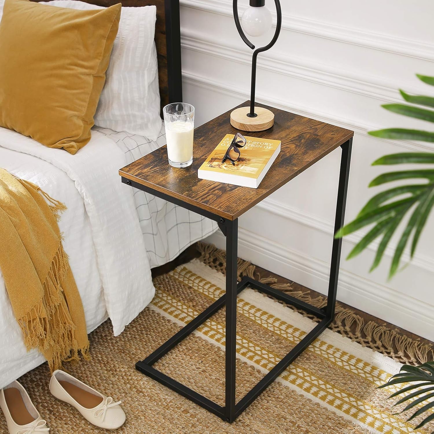 C Shape End Table, Small Coffee Table for Couch or Sofa, Industrial Side Table in Living Room, Bedroom, 13.8 X 21.7 X 26 Inches, Rustic Brown and Black ULNT52BX