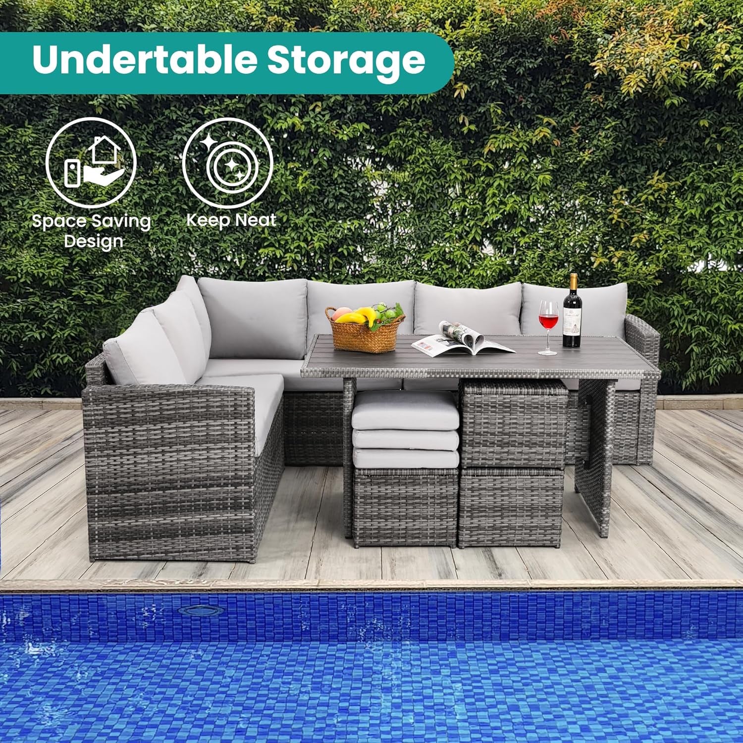 Patio Furniture Set, 7 Pieces Outdoor Patio Furniture with Dining Table&Chair, All Weather Wicker Conversation Set with Ottoman,Grey (Include Sofa Dust Cover)