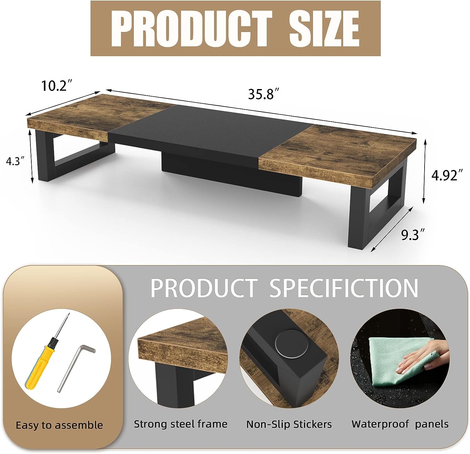 Dual Monitor Stand Riser, Wood and Steel Multi-Purpose Desktop Storage Stand for 2 Monitors for Computer, Laptop, Printer, TV, Rustic Brown