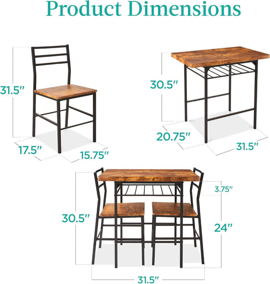 3-Piece Modern Dining Set, Space Saving Dinette for Kitchen, Dining Room, Small Space W/Steel Frame, Built-In Storage Rack - Medium Brown/Black