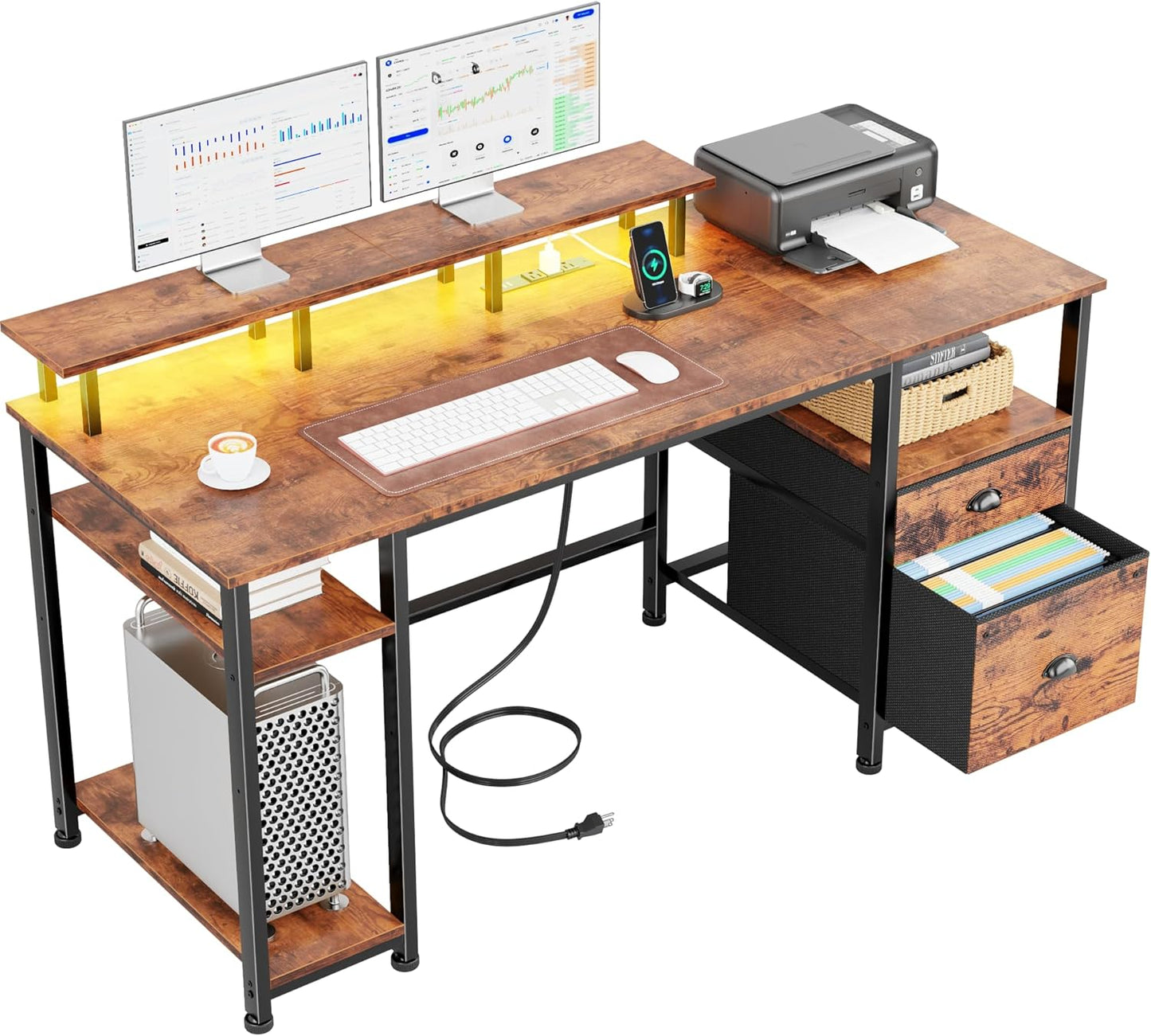 61" Computer Desk with Power Outlet & LED Lights, Reversible Gaming Desk with File Cabinet & Monitor Stand for Home Office, Writing Study Table with Storage Shelves and Drawer, Rustic Brown