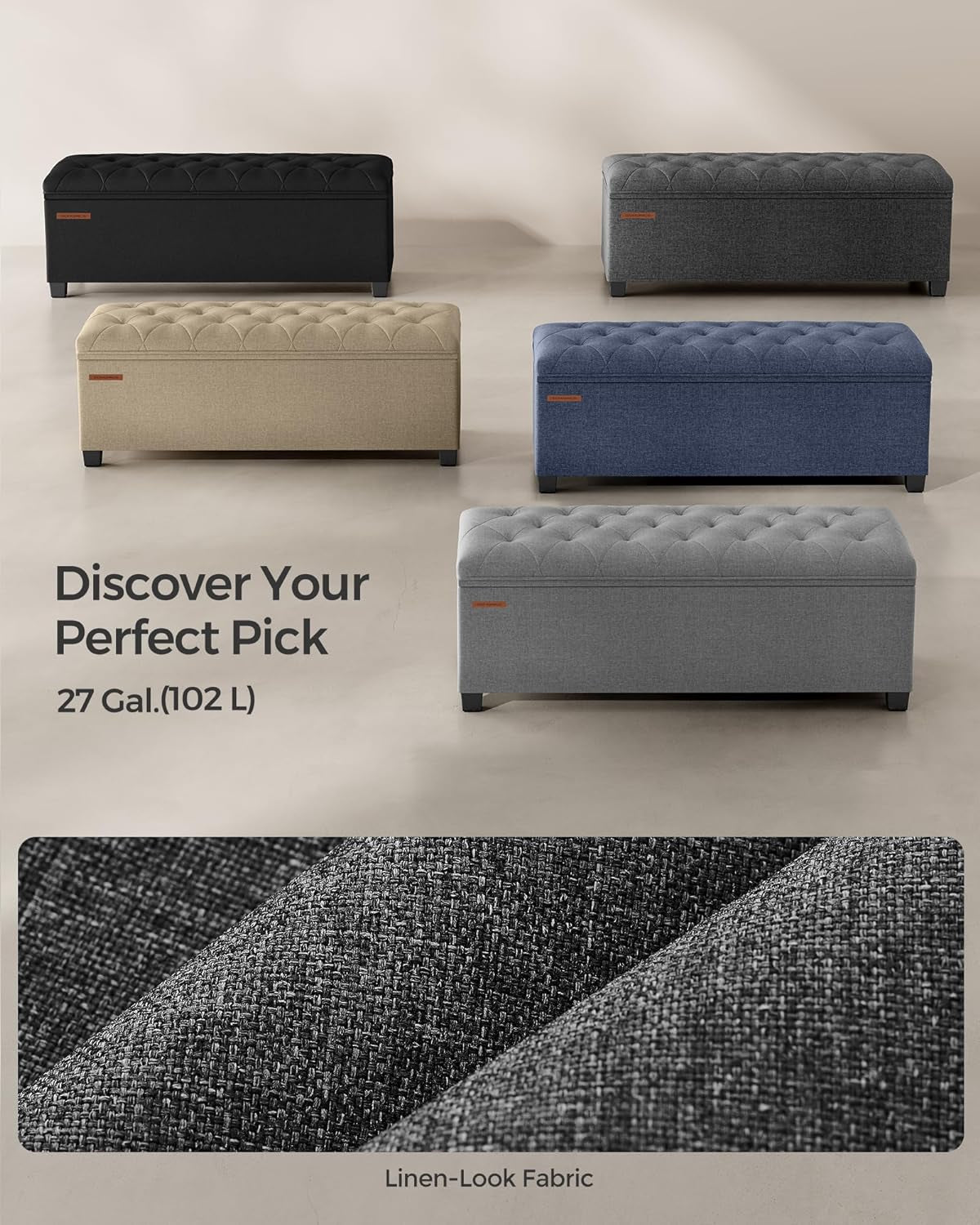 Storage Ottoman Bench, Foot Rest with Legs, 15.7 X 43.3 X 15.7 Inches, End of Bed Bench, Storage Chest, Load up to 660 Lb, for Living Room, Bedroom, Entryway, Dark Gray ULSF088G01