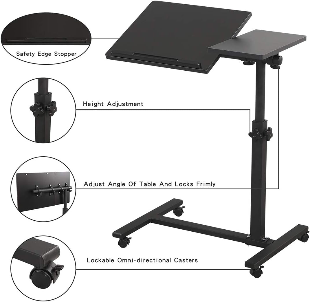 Overbed Bedside Desk Mobile Rolling Laptop Stand Tilting Overbed Table with Wheels Height Adjustable Tray Table for Laptop Bed Sofa Side Table (Black)