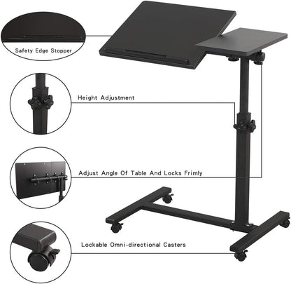 Overbed Bedside Desk Mobile Rolling Laptop Stand Tilting Overbed Table with Wheels Height Adjustable Tray Table for Laptop Bed Sofa Side Table (Black)