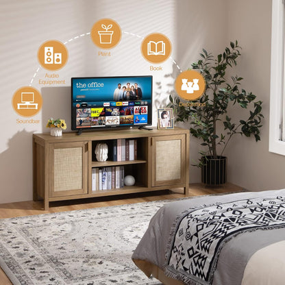 TV Stand for Living Room : Rattan TV Console Cabinet with Storage and Shelf, Boho Entertainment Center, 59" Media Console for 55, 65 Inch TV, 26" Tall Television Stands, Oak