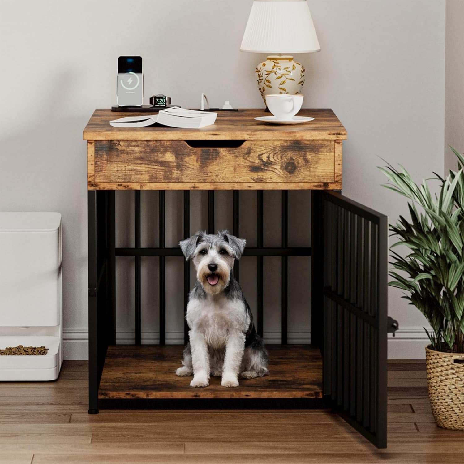 Dog Crate Furniture for Small Dogs, Wooden Dog Kennel with Flip Top Drawer, Indoor Pet Crate End Table with Charging Station, Steel-Tube Dog Cage, Rustic Brown