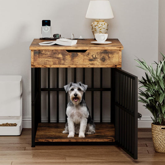 Dog Crate Furniture for Small Dogs, Wooden Dog Kennel with Flip Top Drawer, Indoor Pet Crate End Table with Charging Station, Steel-Tube Dog Cage, Rustic Brown