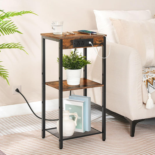 Tall End Table with Charging Station, 30 Inch Tall Nightstand, 3-Tier Small Side Table with Adjustable Shelf, for Living Room, Bedroom, Entryway, Rustic Brown BF09UDH01G1