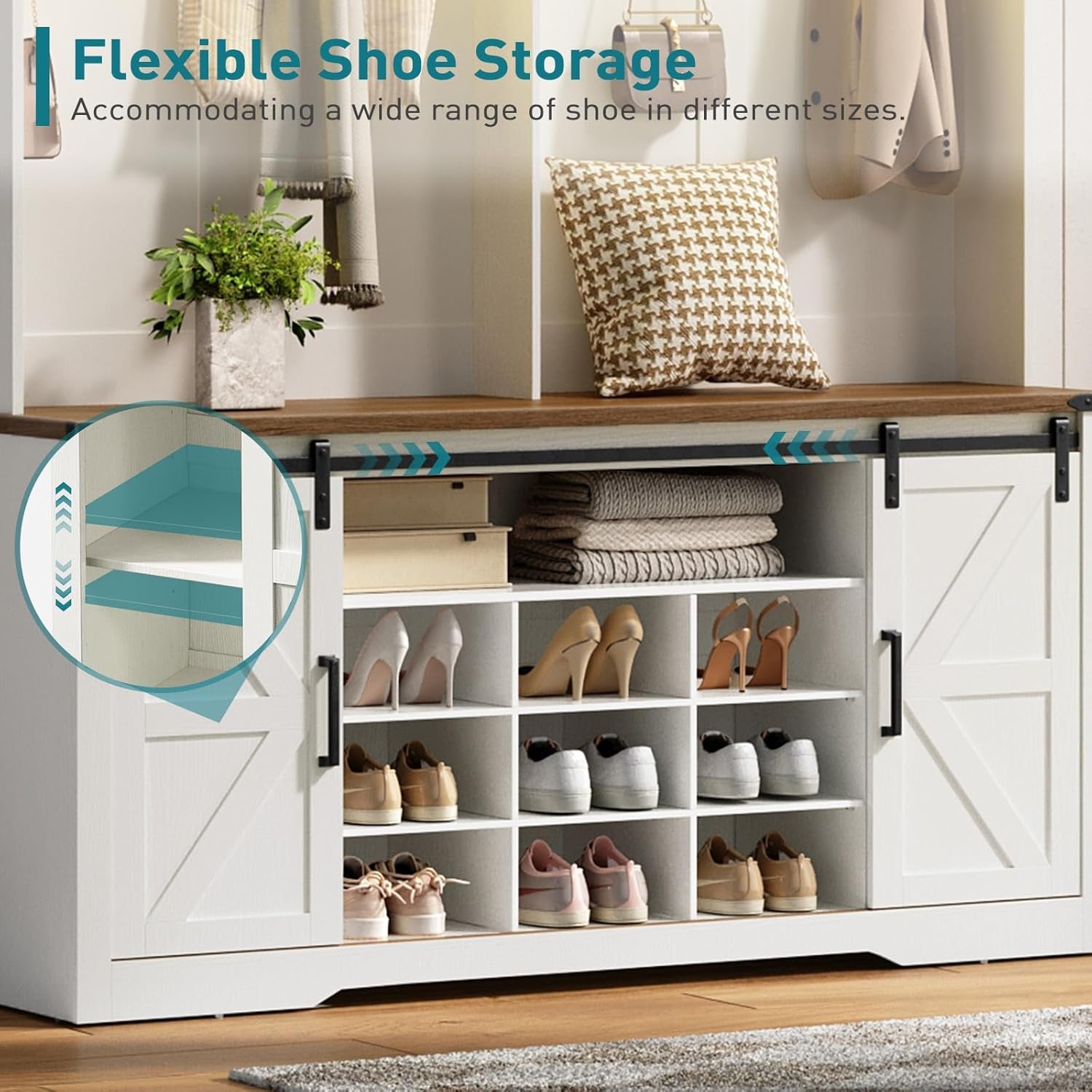 58" Farmhouse Hall Tree with Bench and Shoe Storage, 5-In-1 Entryway Bench with Coat Rack, 9 Shoe Cubbies & 12 Hooks, Led Lights and Adjustable Shelves & Barn Doors, Entryway Storage, White and Walnut