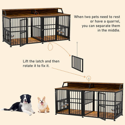XXL Dog Crate Furniture for 2 Dogs, Extra Large Double Dog Cage Large Breed, Thick Wooden Dog Crate with Storage Rack, 72 Inch Double Dogs House Sturdy Dog Kennel with Removable Divider