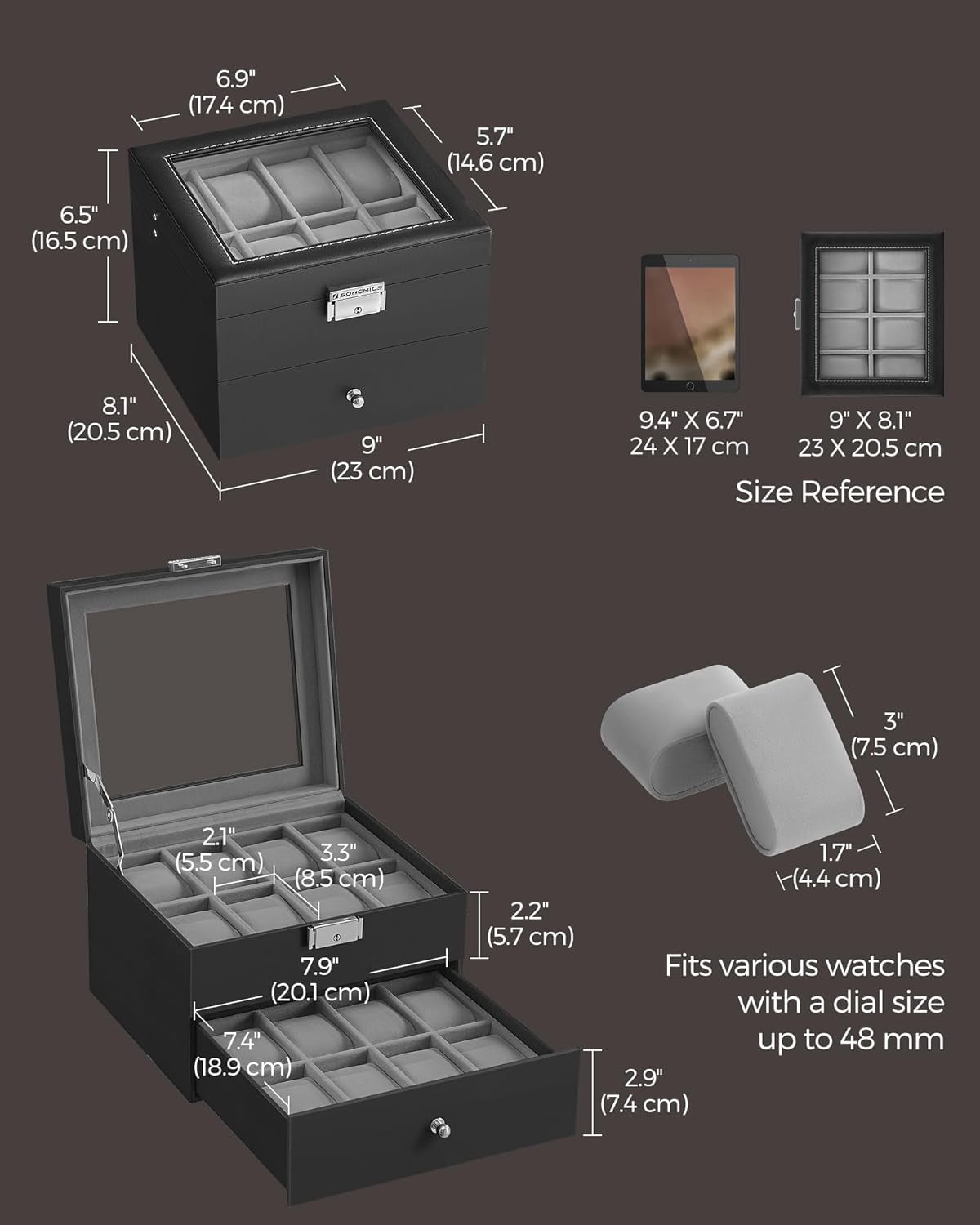 16-Slot Watch Box, Watch Case with Glass Lid, 2 Layers, Lockable Watch Display Case, Black Synthetic Leather, Greenish Gray Lining UJWB016G01