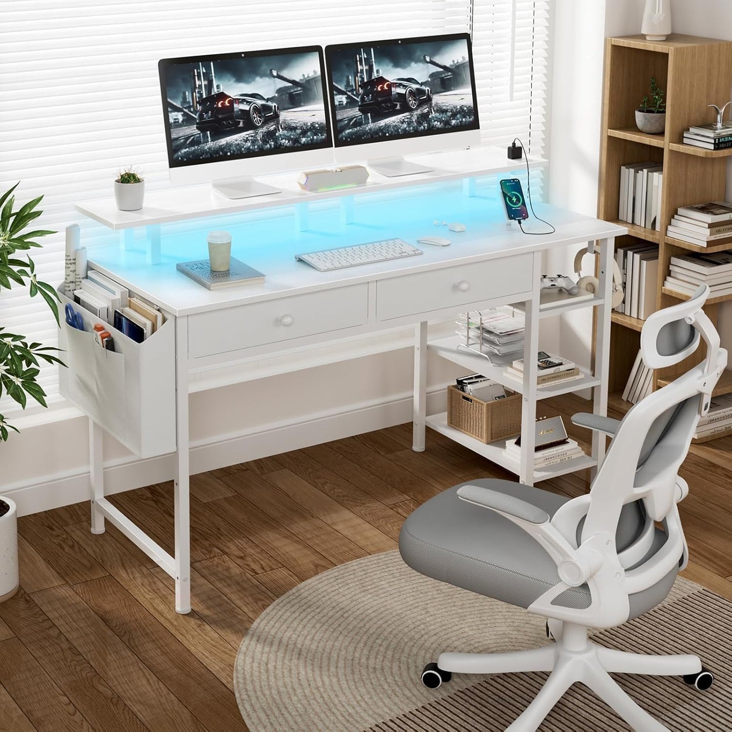 White Computer Desk with Shelves and Drawers - 47 Inch Home Office Desk with Drawers and Shelves, Small White Desk with Shelves, Computer Desk with Monitor Stand, RGB Gaming Desk with Power Outlet