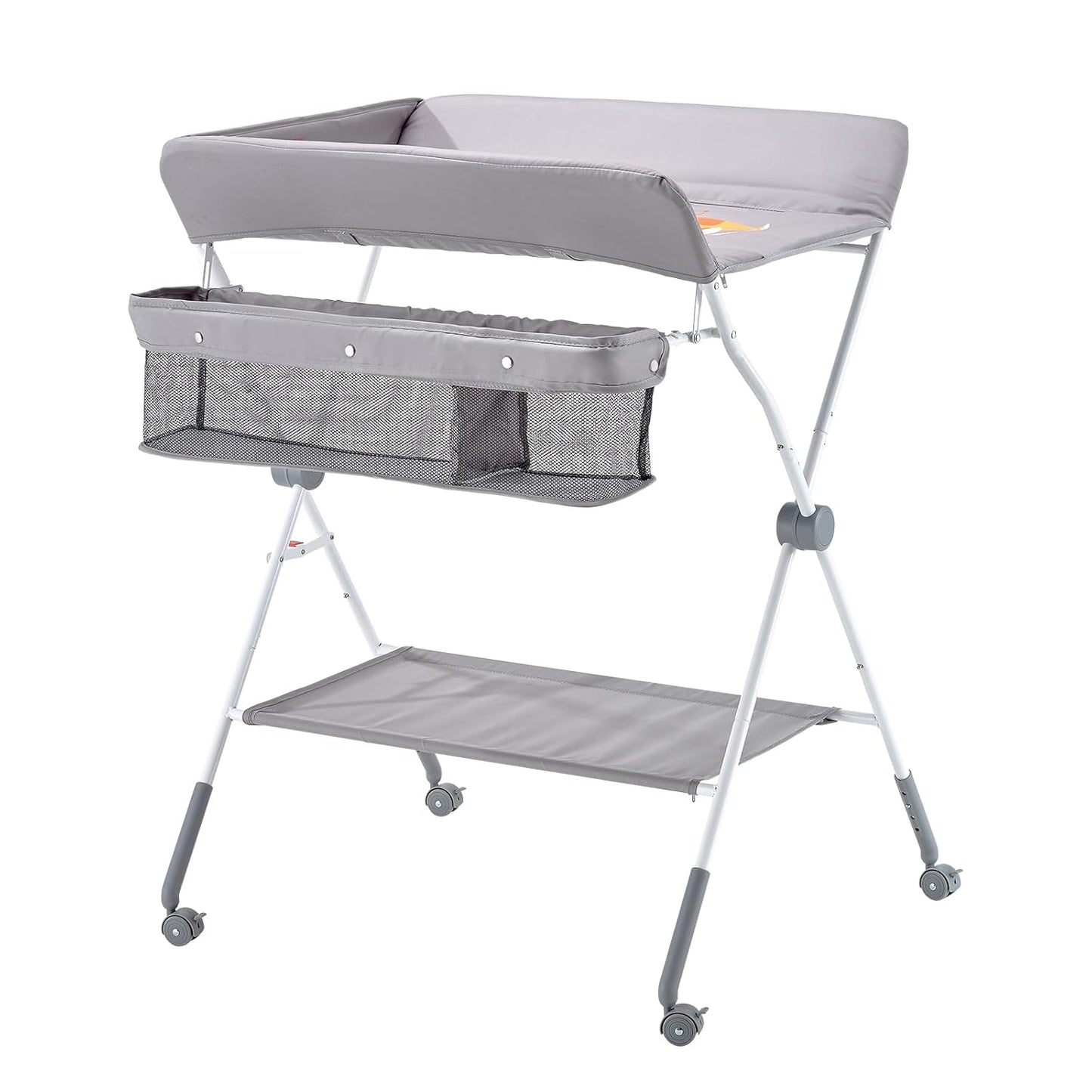 Baby Changing Table, Foldable Diaper Change Station with Side Basket, Adjustable Height Changing Table with Lockable Wheels, Multi-Functional Nursery Storage Organizer, Light Gray