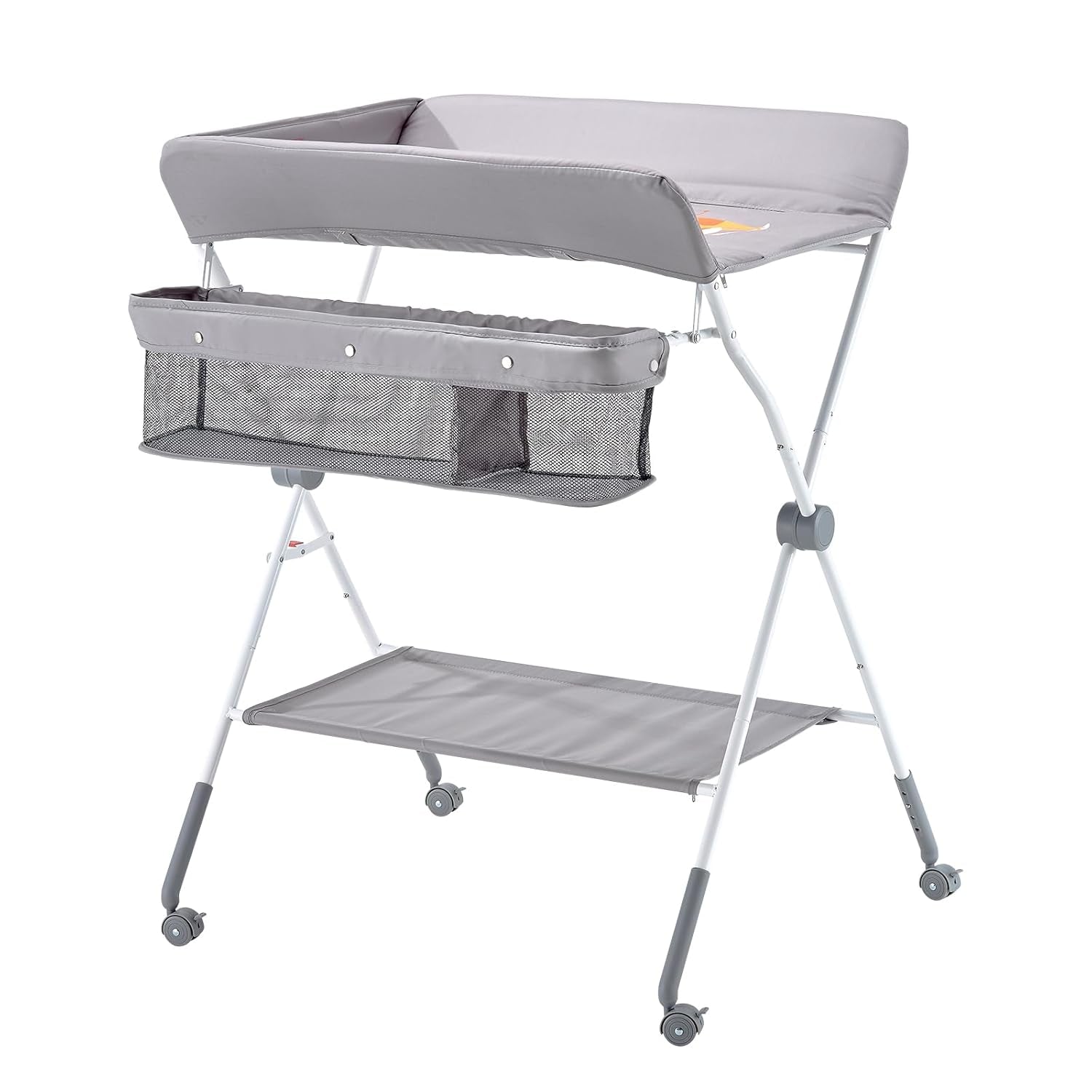 Baby Changing Table, Foldable Diaper Change Station with Side Basket, Adjustable Height Changing Table with Lockable Wheels, Multi-Functional Nursery Storage Organizer, Light Gray