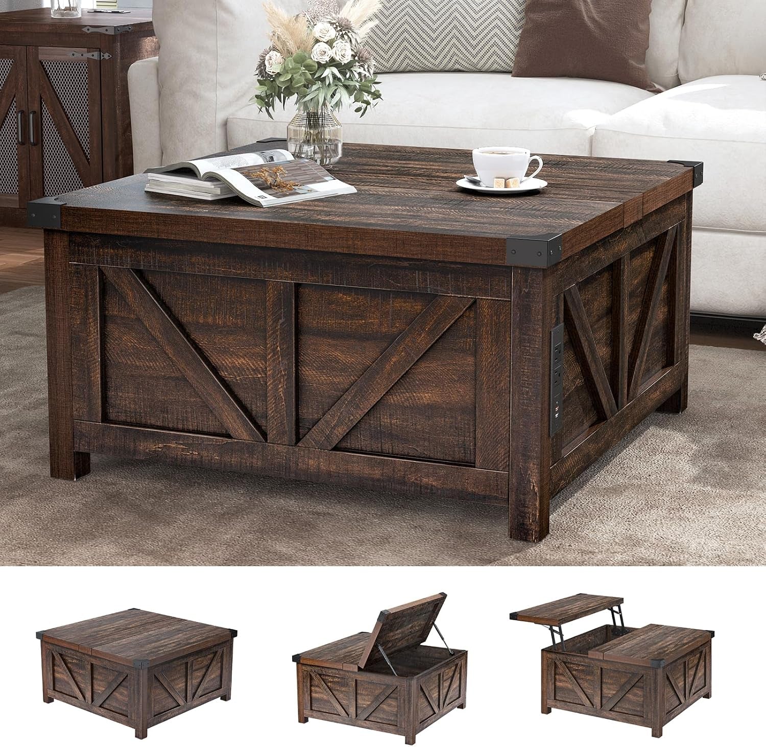 Farmhouse Lift Top Coffee Table with Storage, Wood Square Center Table with Charging Station&Usb Port, Living Room Table W/Large Hidden Space, for Living Room, Bedroom, Home Office, Brown